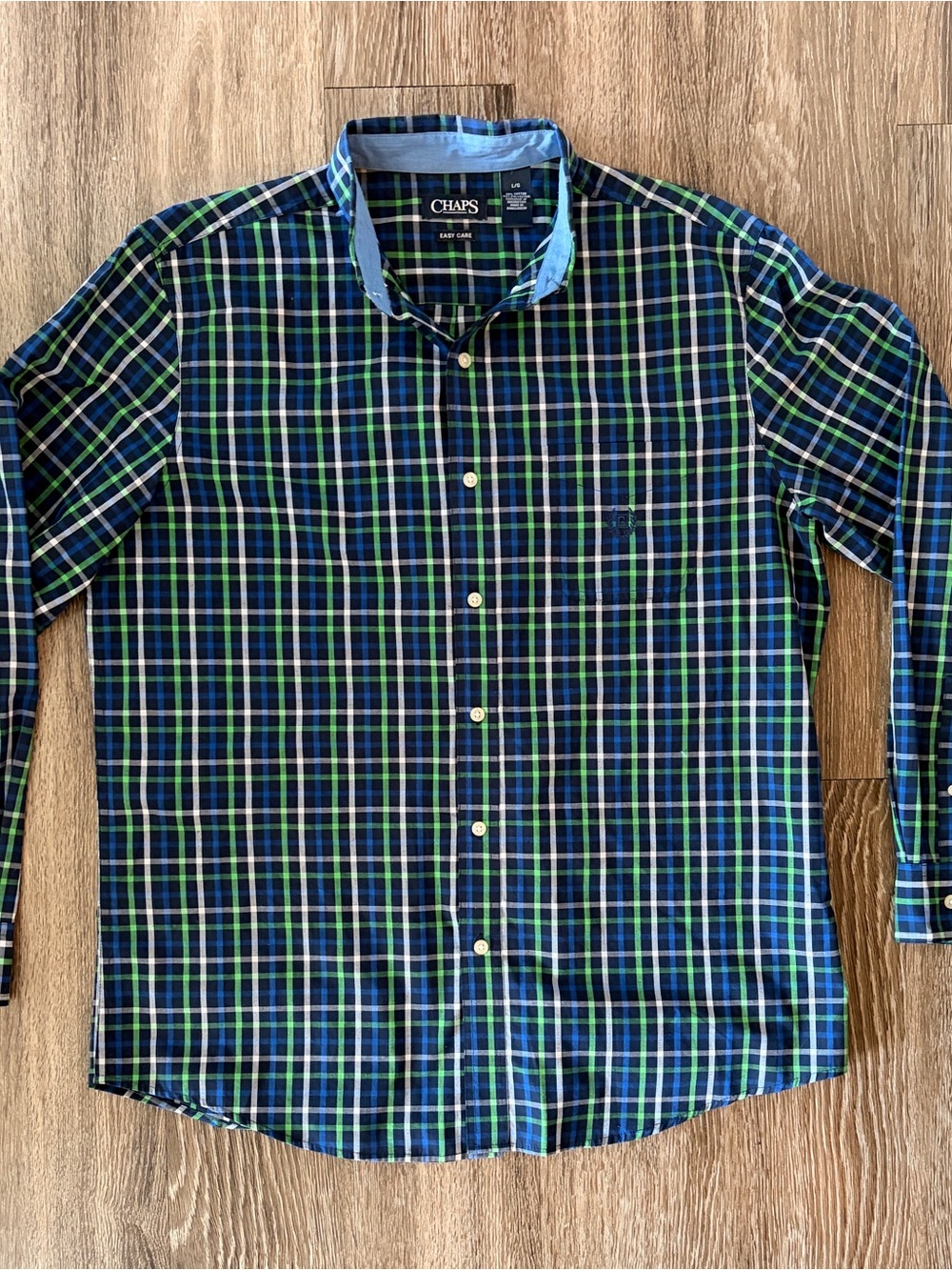 Chaps Men’s Navy, Blue & Green Plaid Button-Up Shirt